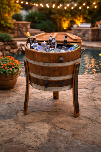 Personalized wine barrel ice cooler with stand bottle opener drain faucet rustic outdoor beverage cooler