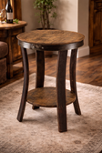 Rustic whiskey barrel side table made from reclaimed oak barrel wood with lower shelf and steel barrel ring, handcrafted rustic furniture.