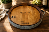 Handcrafted wine barrel Lazy Susan serving tray, rustic reclaimed oak decor for dining table or kitchen.