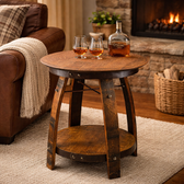 Rustic whiskey barrel side table made from reclaimed oak whiskey barrels with lower shelf