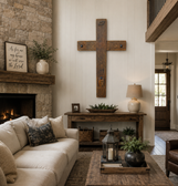 Large handcrafted rustic wooden wall cross made from authentic reclaimed antique wine barrel wood, handcrafted in Santa Maria, California.