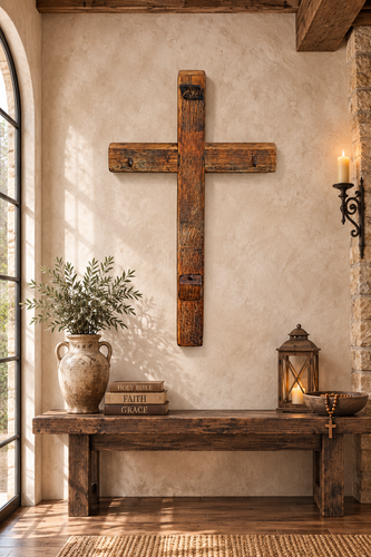 32 inch rustic reclaimed wine barrel wooden wall cross handmade in Santa Maria California with forged nails and INRI plaque