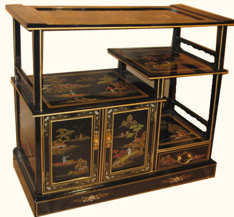 Oriental Display Cabinet In Black Lacquer With Asian Hand Painting