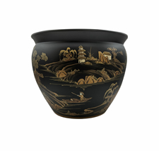 Matte Black Chinoiserie Fishbowl With Mountian Landscape