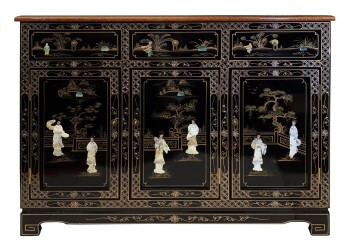 46" W. Oriental Black Lacquer Buffet Inlaid with Mother of Pearl