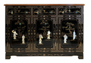 Oriental Black Lacquer Cabinet Inlaid with Mother of Pearl, 46"W