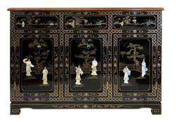 Oriental Black Lacquer Cabinet Inlaid with Mother of Pearl, 46"W