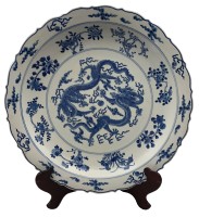 Large Porcelain Plate Blue & White Dragon in 18" Diameter