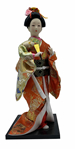 12"h.dancing Japanese Geisha Doll with Gold Fan in Orange Kimono