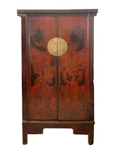 Chinese Antique Armoire Red Hand Painted Landscape
