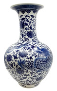 24"H. Blue and White Oriental Porcelain Ball Vase with Painted Dragon Pattern