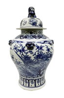 Hand Made Blue and White 24" High Chinese Lion Lid Jar