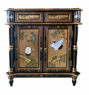 32"H Empire Style Cabinet in Black lacquer with Gold Leaf Handpainted Chinese Bird and Flower