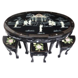 Shiny Black Lacquer Oriental Coffee Table, Inlaid Pearl with Six Stools and Glass Top 48"W