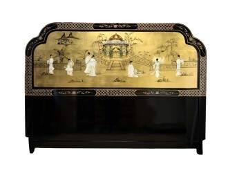 Gold Leaf Oriental Headboard with Mother Of Pearl Pagoda Scene