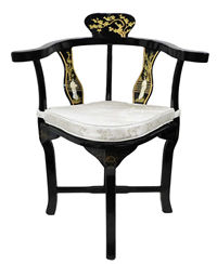 Shiny Hand Painted Black Lacquer Oriental Corner Chair Inlaid with Mother of Pearl