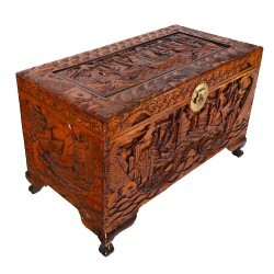 Carved Camphorwood Chest with Oriental Fish and Harbor