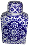 9" Blue and White Oriental Rectangular Tea Jar