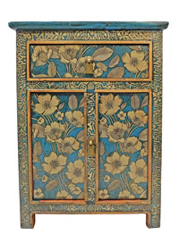 Tibetan Cabinet Hand Painted in Silver Floral Motif