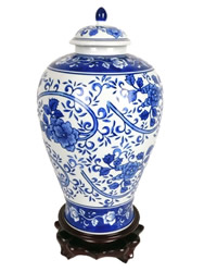 Blue & White Porcelain Melon Jar with Lid, 12"H