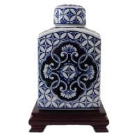 9" Blue and White Oriental Rectangular Tea Jar