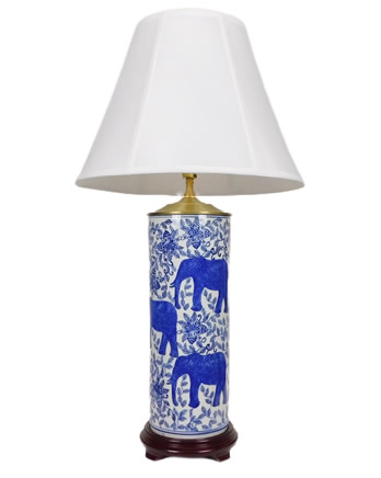 Blue & White Porcelain Elephant Lamp With Shade