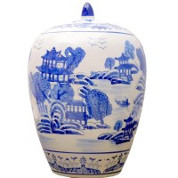 Chinese Blue and White 11" High Porcelain Jar with Canton Landscape Painting and Lid