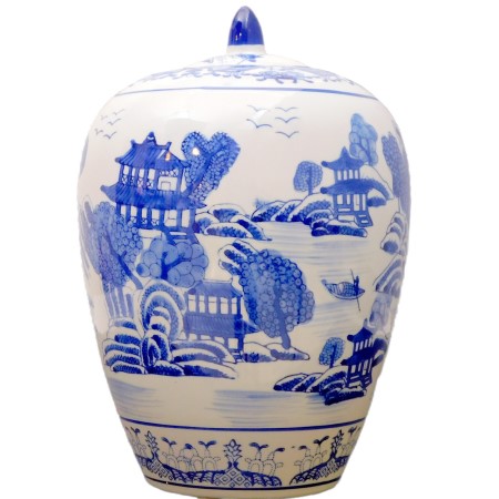 Blue & White Porcelain Jar with Canton Landscape 11"H