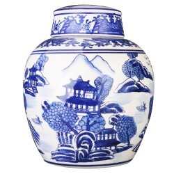 Chinese Porcelain 9" Ginger Jar in Cobalt Blue and White with Asian Landscape