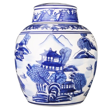 Chinese Porcelain 9" Ginger Jar in Blue & White with Asian Landscape