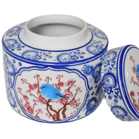 Decorative Blue & White Oriental Po Chu Round Jar