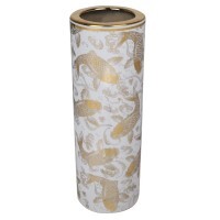 Porcelain Cylinder Flower Vase with Modern Gold Fish on White Glaze