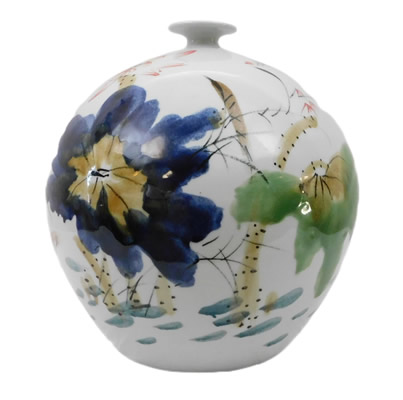 Chinese Ball Vase in White Porcelain and Brush Painted Lotus Flower