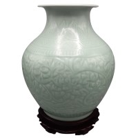 Celadon Vase Wide Mouth Carved Floral