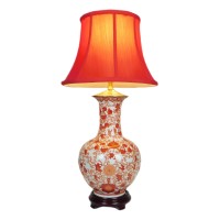 Porcelain Table Lamp in Red and White Coral Pattern with Shade