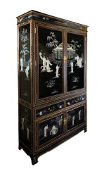 78"H Oriental Armoire in Black Lacquer Hand Painted and Inlaid with Mother of Pearl
