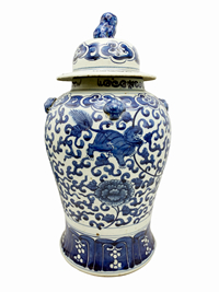 Hand Painted Blue & White Porcelain Temple Jar, 18"H