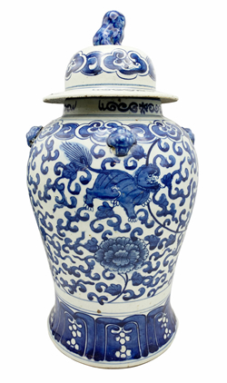 Hand Painted Blue & White Porcelain Temple Jar, 18"H