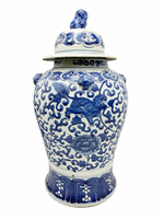 Blue & White Temple Jar Hand Painted Fudog and Flower 18"H