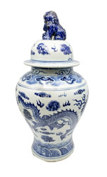 24"H Blue and White Chinese Porcelain Temple Jar in Five Rings with Dragon Glaze