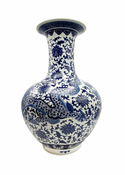 24"H. Blue and White Oriental Porcelain Ball Vase with Painted Dragon Pattern