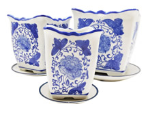 Three Piece Planter Set Blue & White Porcelain