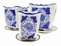 Blue and White Painted Three Piece Porcelain Planter Set