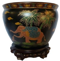 Chinese Black Lacquer Planter Indian Elephant Design 14" W