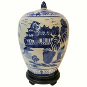 Chinese Blue and White 11" High Porcelain Jar with Canton Landscape Painting and Lid