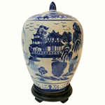 Blue & White Porcelain Jar with Canton Landscape Painting and Lid, 11"H