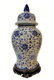 Mod Blue and White 18" High Temple Jar with Art Deco Floral