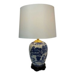 25" Blue And White Porcelain Lamp With Landscape Design
