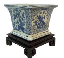 Square Planter in Blue and White Floral Porcelain For Indoor or Garden Use