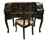 Black Lacquer Oriental Desk with Hand Painted Chinoiserie Landscape